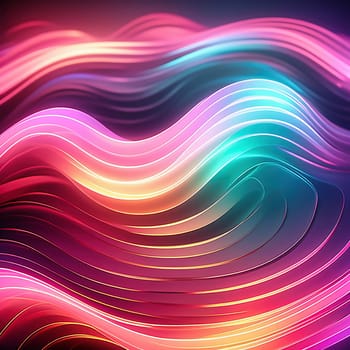 3d render. Abstract panoramic background of twisted dynamic neon lines, in wave form, glows in the dark space. Virtual fluorescent ribbon loop.