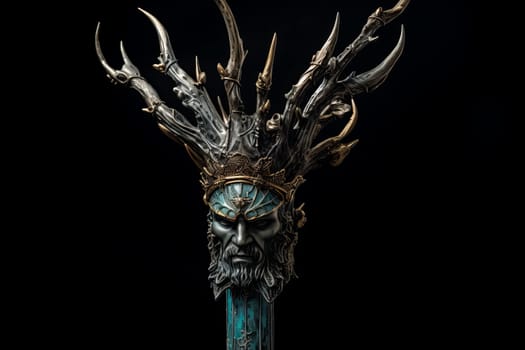 Ancient Poseidon trident. Old stone ocean. Generate Ai
