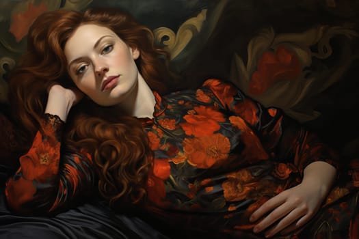 Pensive Portrait woman laying. Care awake. Generate Ai