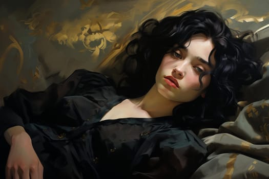Elegant Portrait woman laying. Care awake. Generate Ai