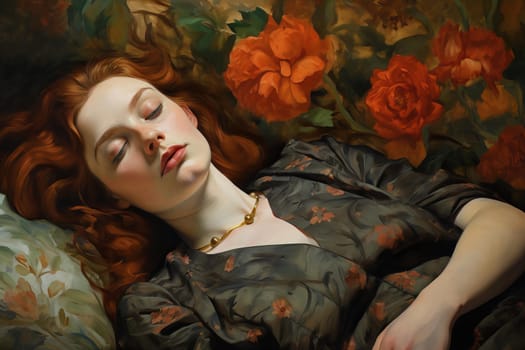 Portrait woman laying. Care awake. Generate Ai