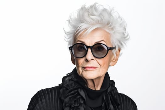 Elegant Portrait of stylish trendy senior woman isolated on white background. Elegant old woman with sunglasses. Generate ai