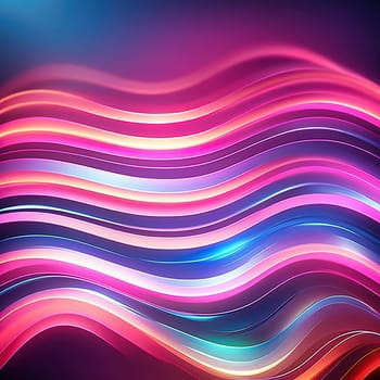 3d render. Abstract panoramic background of twisted dynamic neon lines, in wave form, glows in the dark space. Virtual fluorescent ribbon loop.