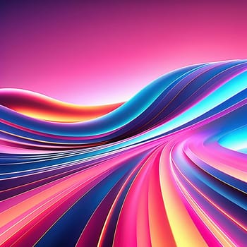 3d render. Abstract panoramic background of twisted dynamic neon lines, in wave form, glows in the dark space. Virtual fluorescent ribbon loop.