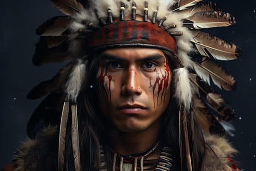 Traditional Native indian american man. Adult tradition. Fictional person. Generate Ai