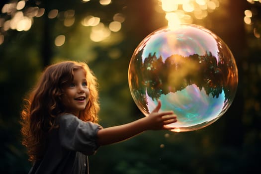 Cheerful Positive girl holding bubble balloon. Love child person joy happy. Generate Ai