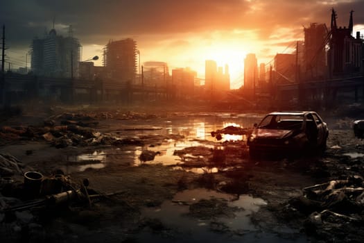 Post apocalyptic city. Ruin war disaster. Generate Ai
