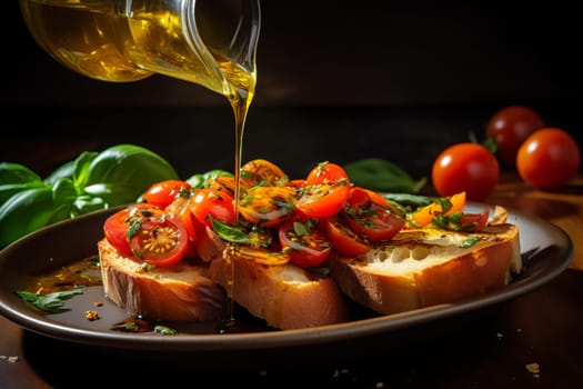Aromatic Pouring oil bruschetta. Healthy slice fresh. Generate Ai