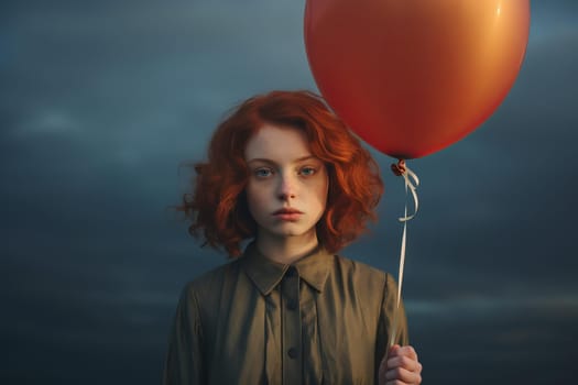 Joyful Woman holding red balloon. Fun fashion lifestyle. Generate Ai