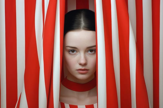 Glamour model portrait on red stripes closeup. Fun happy face big eye. Generate Ai