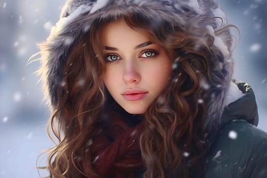 Woman portrait in winter cloth portrait view. Lady fun coat casual beauty. Generate Ai