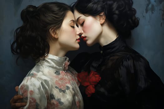 Female lovers portrait. Couple female face beautiful style. Generate Ai