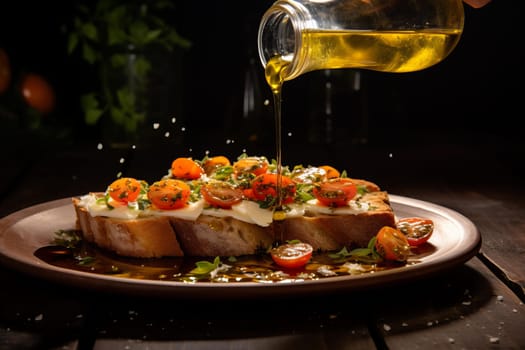 Savory Pouring oil bruschetta. Healthy slice fresh. Generate Ai