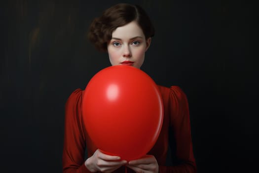 Woman holding red balloon. Fun fashion lifestyle. Generate Ai