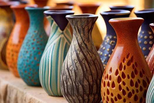 Pottery vases art closeup. Ancient work. Generate Ai