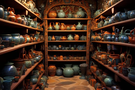 Pottery vases art shelves. Old pot. Generate Ai