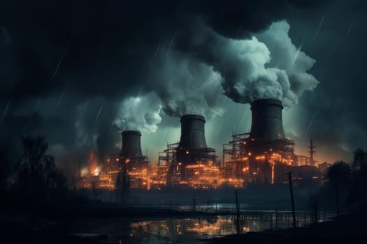 Massive Power factory. Station boiler pipeline. Generate ai