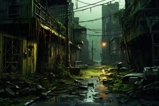 Desolate Postapocalyptic green street. Street war. Generate Ai