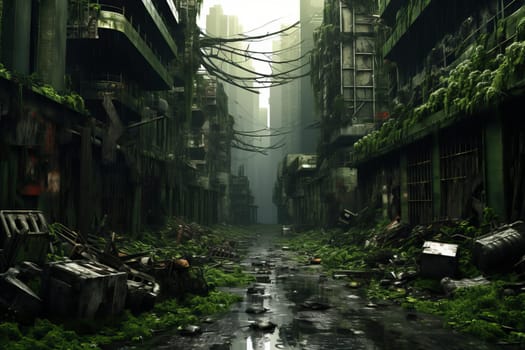 Eerie Postapocalyptic green street. Street war. Generate Ai