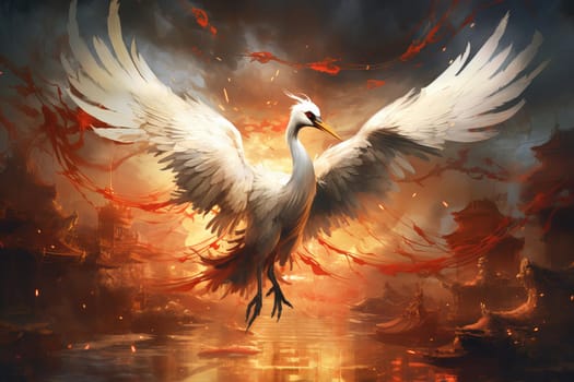 Oriental Poster chinese crane paint. China asia. Generate Ai