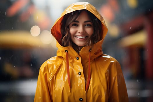 Happy positive woman in raincoat. Lady street joy rainy weather. Generate ai