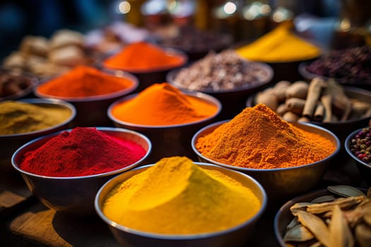Aromatic Colorful powder spices. Bowl cuisine. Generate Ai