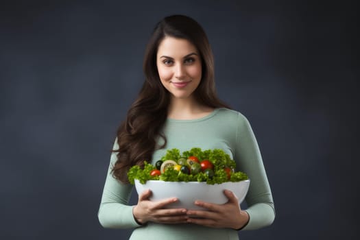 Jubilant Pregnant smiling woman bowl salad. Vegetable meal. Generate Ai