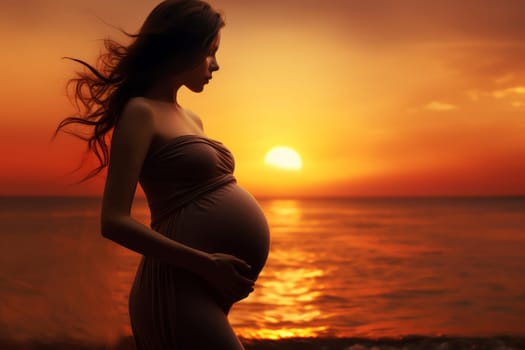Serene Pregnant woman sunset nature. Happy mom. Fictional person. Generate Ai