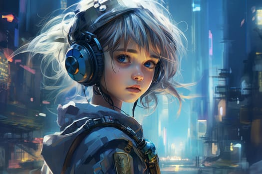 Futuristic Prehistoric girl future city. Modern house. Generate Ai