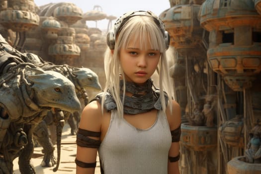 Youthful Prehistoric child girl future city. Modern urban panorama. Generate Ai