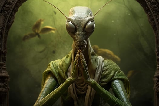 Praying mantis leaves. Insect bug. Generate Ai