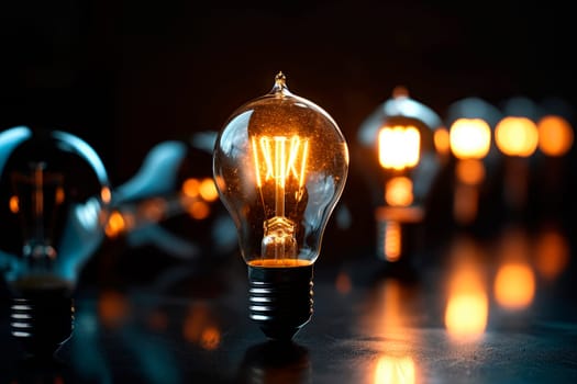 Close up many glowing lamps in a darkness.Business ideas concept.  AI generated