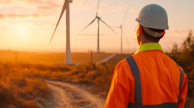 An engineer looks at a wind turbine. Green ecological power energy generation wind sustainable energy concept. AI generated