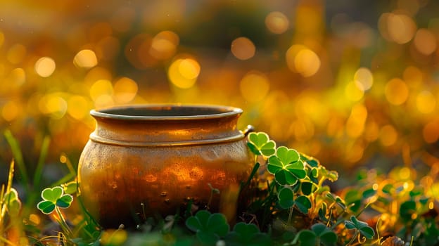 Golden treasure pot at meadow with green clovers.  AI generated