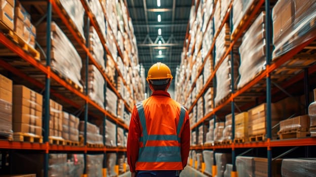 Professional Worker Wearing Safety Vest and Hard Hat, In the Background Big Warehouse with Shelves full of Delivery Goods.  AI generated