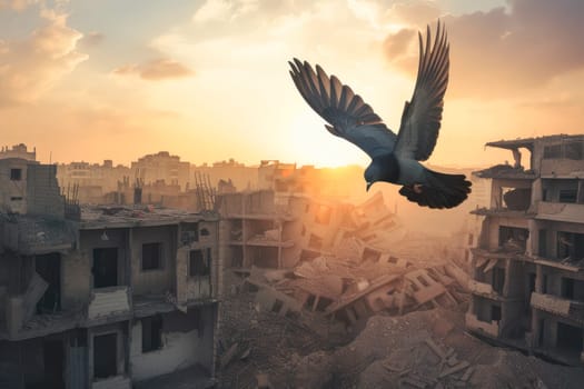 A symbolic image - a pigeon soaring high above a ruined cityscape. AI generated