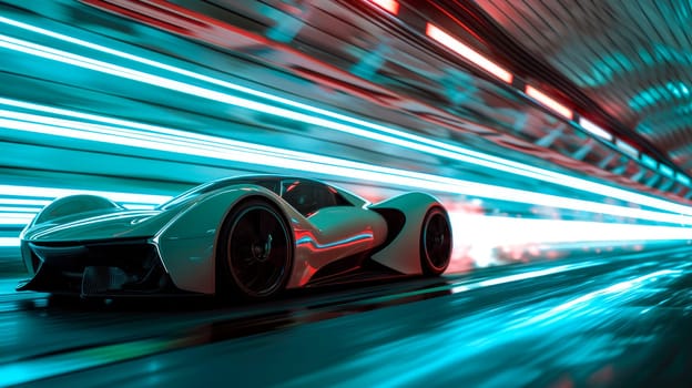 A futuristic sleek car drives quickly through the tunnel. AI generated