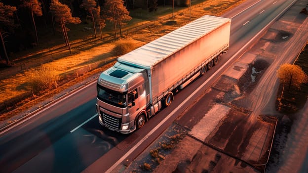 A truck driving on asphalt road along the forest at sunset. Aerial view landscape. Cargo delivery. AI generated