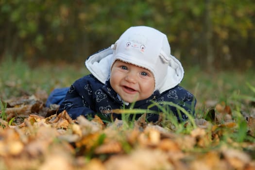 A little kid lies in the autumn leaves and smiles.Bottom view.Close-up