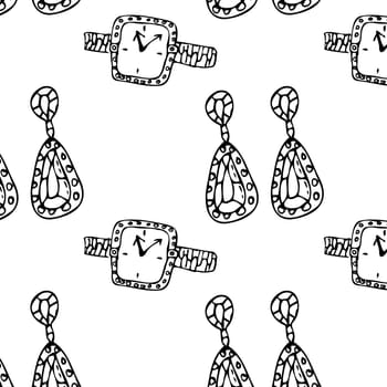 Seamless pattern of sketches various female jewerly. Vector illustration isolated. Can used for textile, wrapping paper, cover design, beauty background.