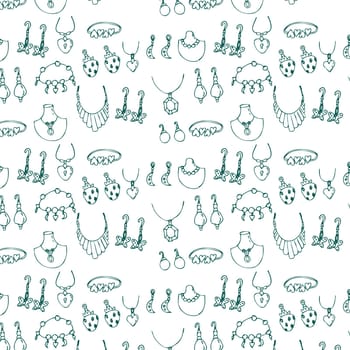Seamless pattern of sketches various female jewerly earring, necklace. Vector illustration isolated. Can used for textile, wrapping paper, cover design, beauty background.