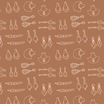 Brown Seamless pattern of sketches various female jewerly. Vector illustration isolated. Can used for textile, wrapping paper, cover design, beauty background.