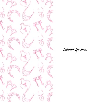Seamless pattern of Hand drawn pink various female jewerly. Vector illustration isolated. Can used for textile, wrapping paper, cover design, beauty background.