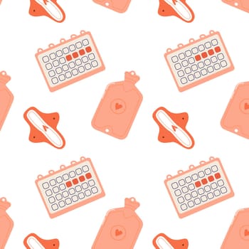 Hand drawn seamless pattern with heating and sanitary pad, calendar. Vector illustration can used forwoman healthy in periods supplies.