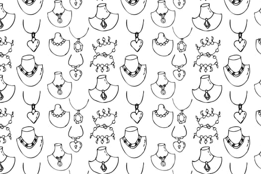 Seamless pattern of sketches various female jewerly on mannequin. Vector illustration isolated. Can used for textile, wrapping paper, cover design, beauty background.