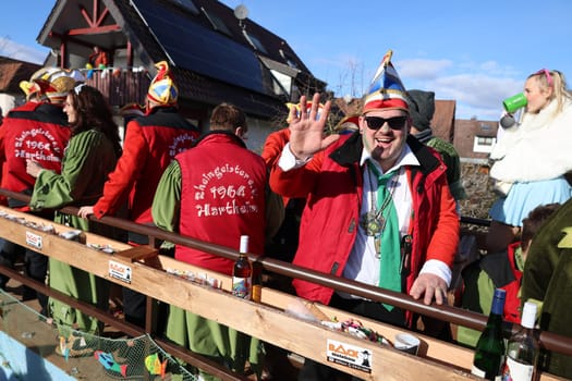 Theme picture - Carnival Carnival  The fools are on the loose at the Alemannic-Swabian Carnival. As here in Hartheim am Rhein,the jesters parade through the streets,here the parade float of the Hartheim Rhine spirits with the Narrenrat/Elferrat