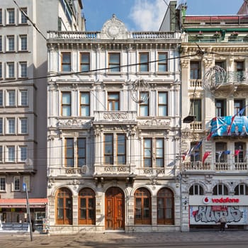 Istanbul, Turkey - May 13, 2023: Captivating Galatasaray Museum housed in a beautiful historic building on Istanbul's vibrant Istiklal Street