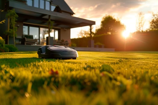 Autonomous electric lawn mower mows grass in the yard of a private house. AI generated