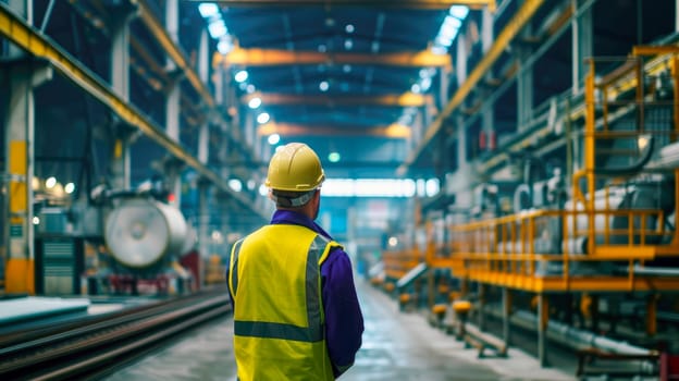 Engineer with a hard hat and jacket stand with his back to the camera in the factory. AI generated