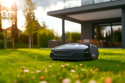 A lawn mowing robot mowing the lawn in the garden. AI generated